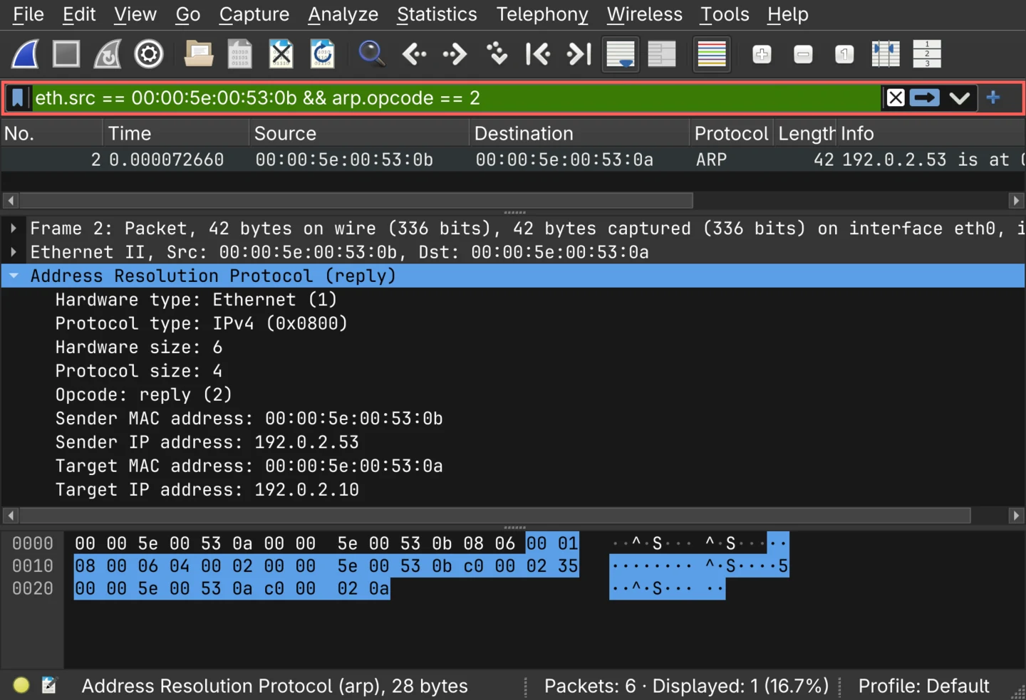 Wireshark showing one ARP reply packet, filtered to eth.src == 00:00:5e:00:53:0b and arp.opcode == 2. The Address Resolution Protocol layer is fully expanded: hardware type Ethernet, protocol type IPv4, opcode reply, sender MAC address 00:00:5e:00:53:0b, sender IP address 192.0.2.53, target MAC address 00:00:5e:00:53:0a, target IP address 192.0.2.10. A red callout marks the filter bar