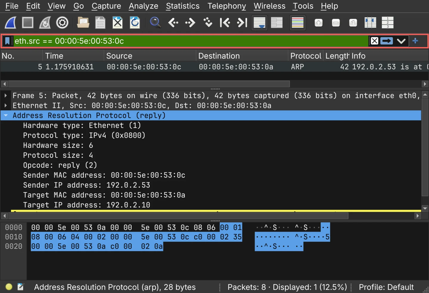 Wireshark showing the forged ARP reply, filtered to eth.src == 00:00:5e:00:53:0c. The Address Resolution Protocol layer is expanded: opcode reply, sender MAC address 00:00:5e:00:53:0c, sender IP address 192.0.2.53, target MAC address 00:00:5e:00:53:0a, target IP address 192.0.2.10. A red callout marks the filter bar