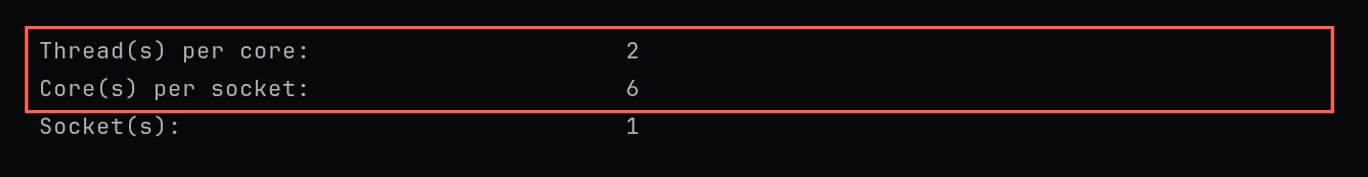 Three lines of lscpu output: Thread(s) per core 2, Core(s) per socket 6, Socket(s) 1. A red box surrounds the first two lines