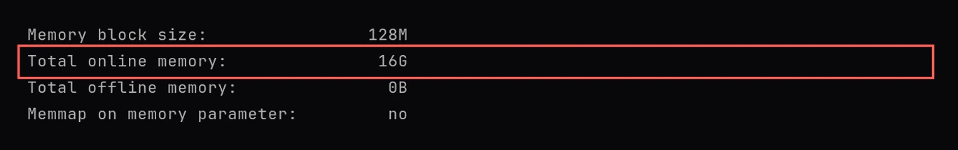 Four lines of lsmem output: Memory block size 128M, Total online memory 16G, Total offline memory 0B, Memmap on memory parameter no. A red box surrounds the Total online memory line