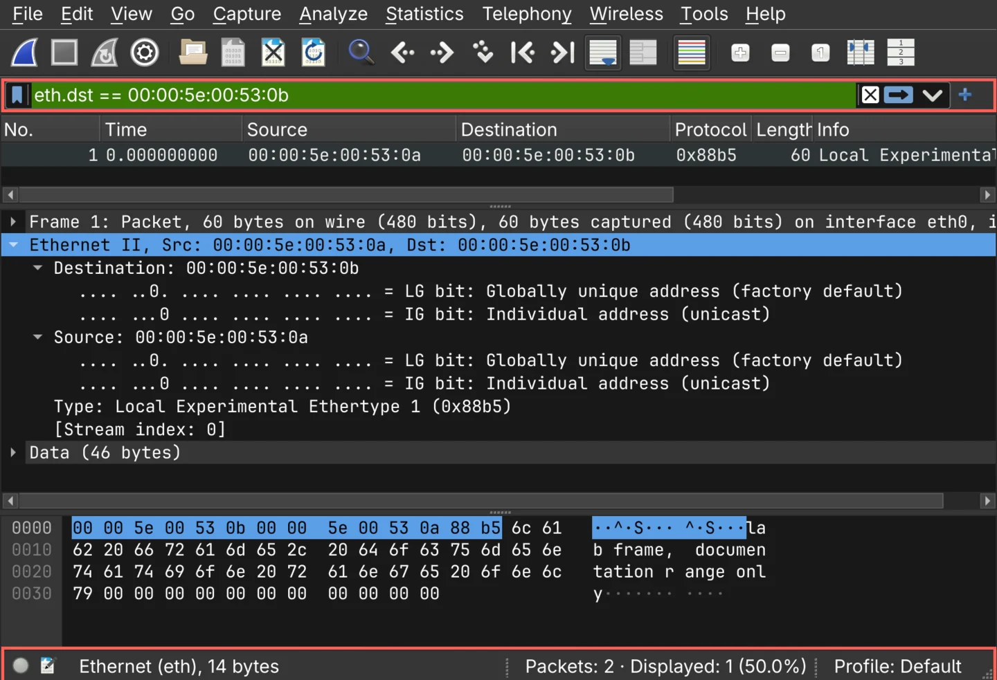 Wireshark with the display filter eth.dst == 00:00:5e:00:53:0b applied, showing one of two packets: a 60-byte frame from 00:00:5e:00:53:0a to 00:00:5e:00:53:0b, its Ethernet II layer expanded to both addresses and their LG and IG bits and a type of 0x88b5, and a hex dump whose first fourteen bytes are highlighted and whose payload reads lab frame, documentation range only. Red callouts mark the filter bar at the top and the status bar at the foot
