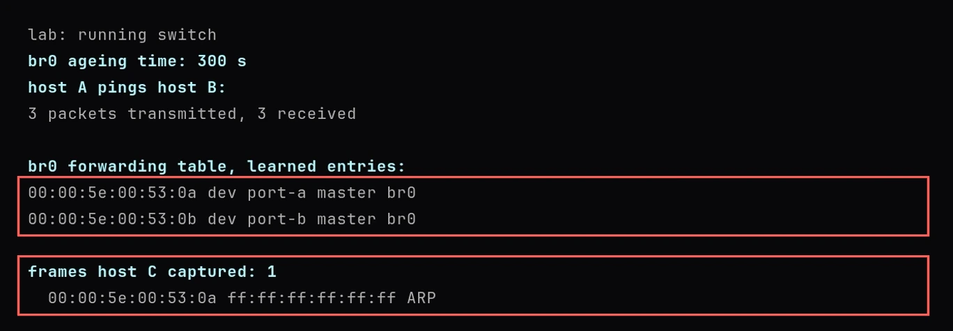 Terminal output of the lab's switch scenario: the bridge's ageing time is 300 seconds, host A pings host B and 3 of 3 packets are received, the bridge's forwarding table holds 00:00:5e:00:53:0a on port-a and 00:00:5e:00:53:0b on port-b, and host C captured 1 frame, from 00:00:5e:00:53:0a to ff:ff:ff:ff:ff:ff, an ARP frame. Red callouts mark the two learned table entries and host C's one frame
