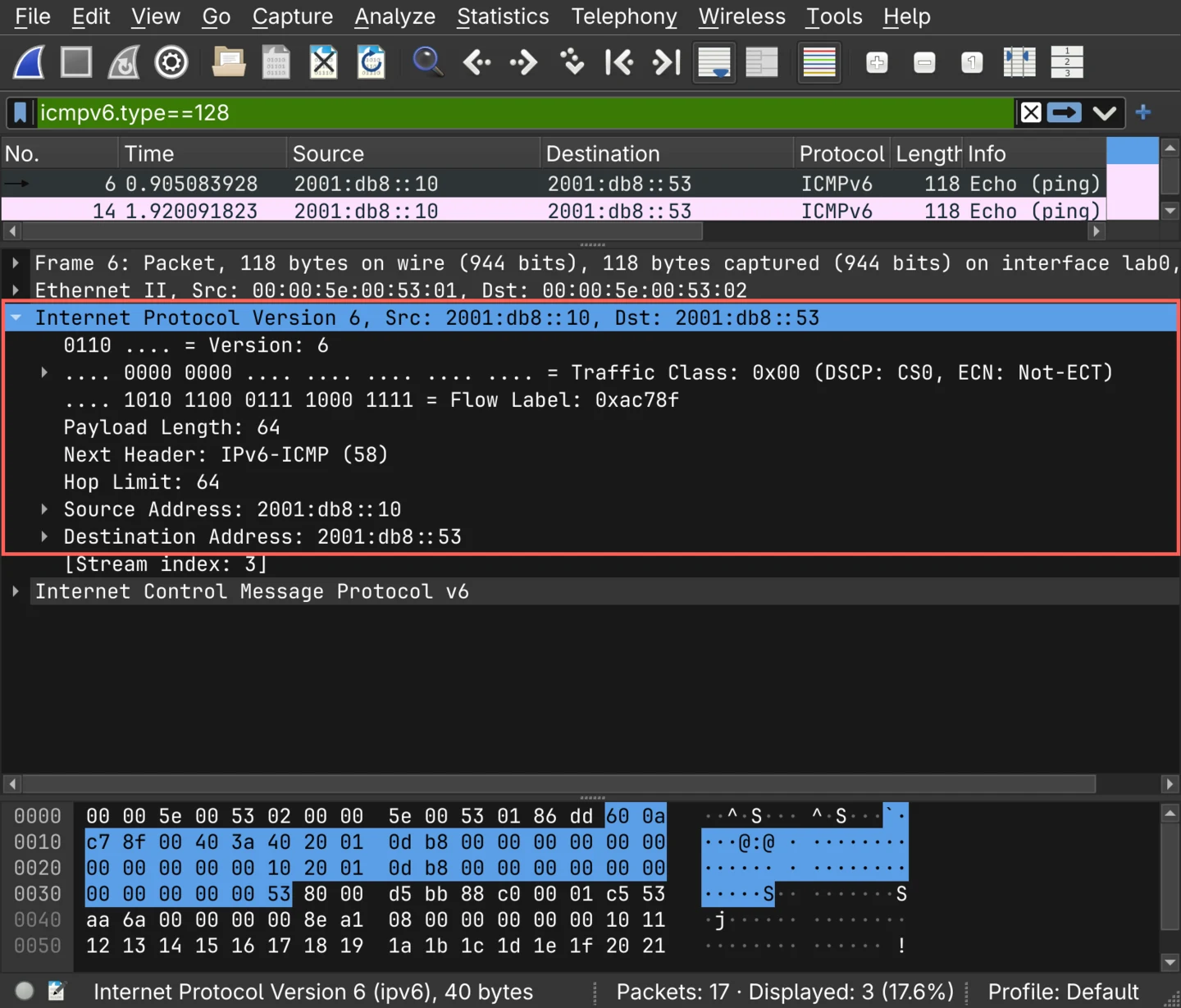 Wireshark showing the IPv6 echo request's Internet Protocol Version 6 layer fully expanded, marked in red: Version 6, Traffic Class 0x00, Flow Label 0xac78f, Payload Length 64, Next Header IPv6-ICMP, Hop Limit 64, Source Address 2001:db8::10, Destination Address 2001:db8::53