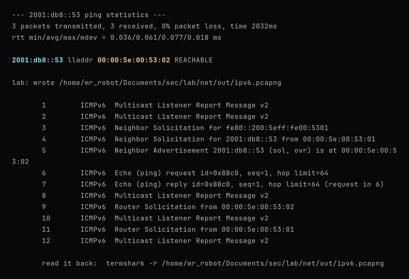 Terminal output of the lab's ipv6 scenario. A ping to 2001:db8::53 succeeds, 3 packets transmitted and received, and the neighbor cache shows 2001:db8::53 at lladdr 00:00:5e:00:53:02, REACHABLE. Below it, the capture summary lists Multicast Listener Report messages, a Neighbor Solicitation for the link-local address, a Neighbor Solicitation for 2001:db8::53, a Neighbor Advertisement answering it, then an ICMPv6 echo request and reply, and two Router Solicitations