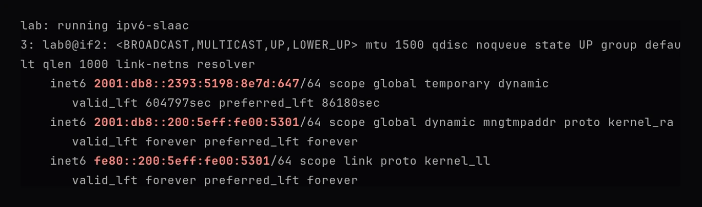 ip -6 addr show dev lab0, three inet6 lines highlighted in red. 2001:db8::2393:5198:8e7d:647/64 scope global temporary dynamic, valid_lft 604797sec preferred_lft 86180sec. 2001:db8::200:5eff:fe00:5301/64 scope global dynamic mngtmpaddr proto kernel_ra, valid_lft forever preferred_lft forever. fe80::200:5eff:fe00:5301/64 scope link proto kernel_ll, valid_lft forever preferred_lft forever