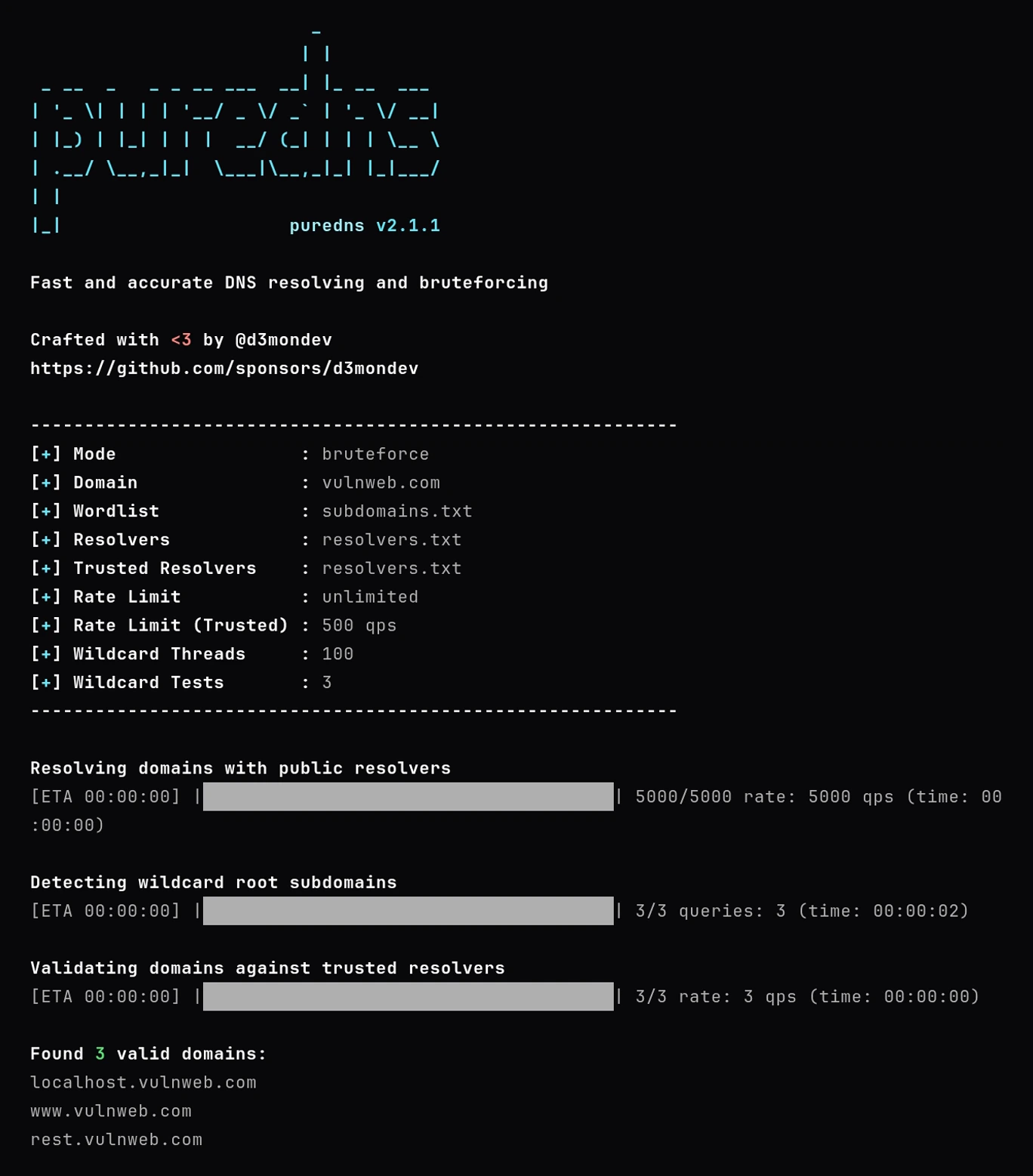 A puredns brute force against vulnweb.com: banner, a configuration table, three completed progress bars, and three valid domains found - www, rest and localhost