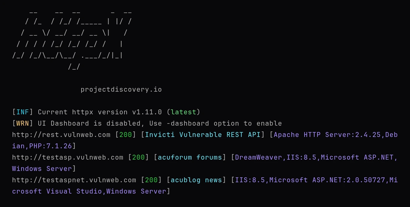 httpx output: five vulnweb hosts, each 200, with different titles and detected stacks - Apache and PHP, IIS and ASP.NET, and an Invicti REST API