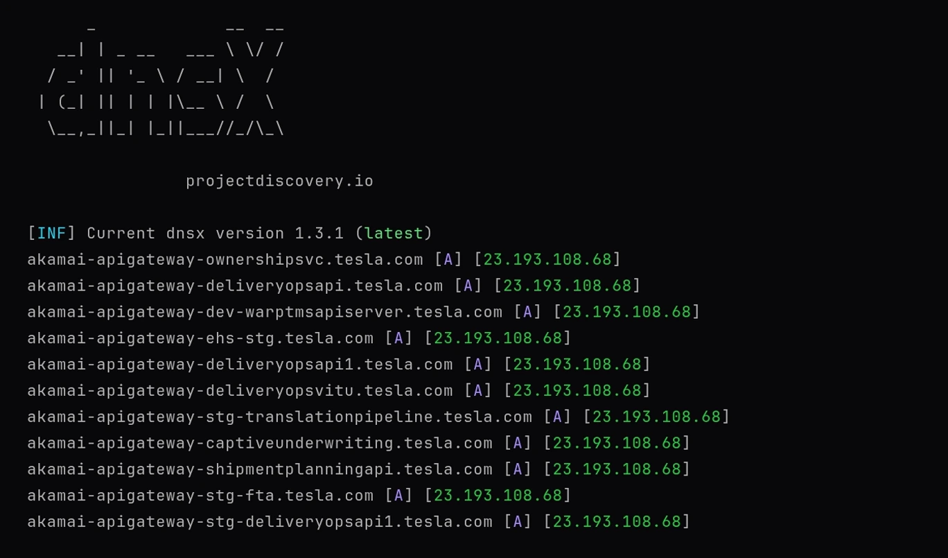 dnsx output: eleven akamai-apigateway hostnames under tesla.com, each followed by a blue [A] record type and a green IP address, and every one of those addresses is 23.193.108.68