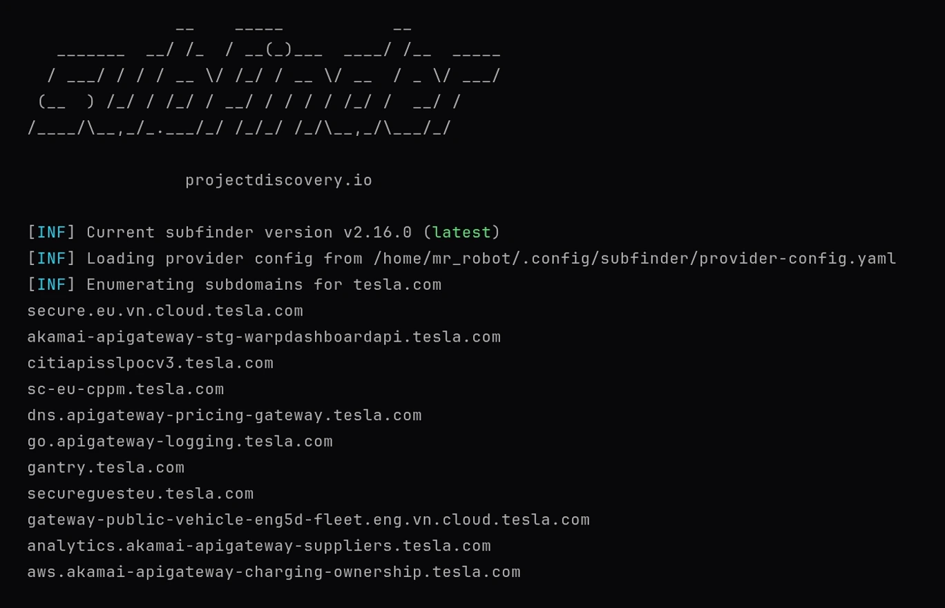 A subfinder run against tesla.com: the tool banner, three INF lines, then the first dozen subdomains it found