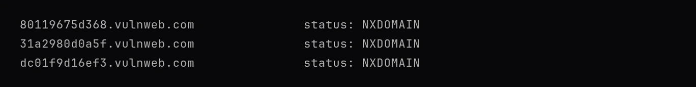 Three random subdomain labels under vulnweb.com, each answered NXDOMAIN