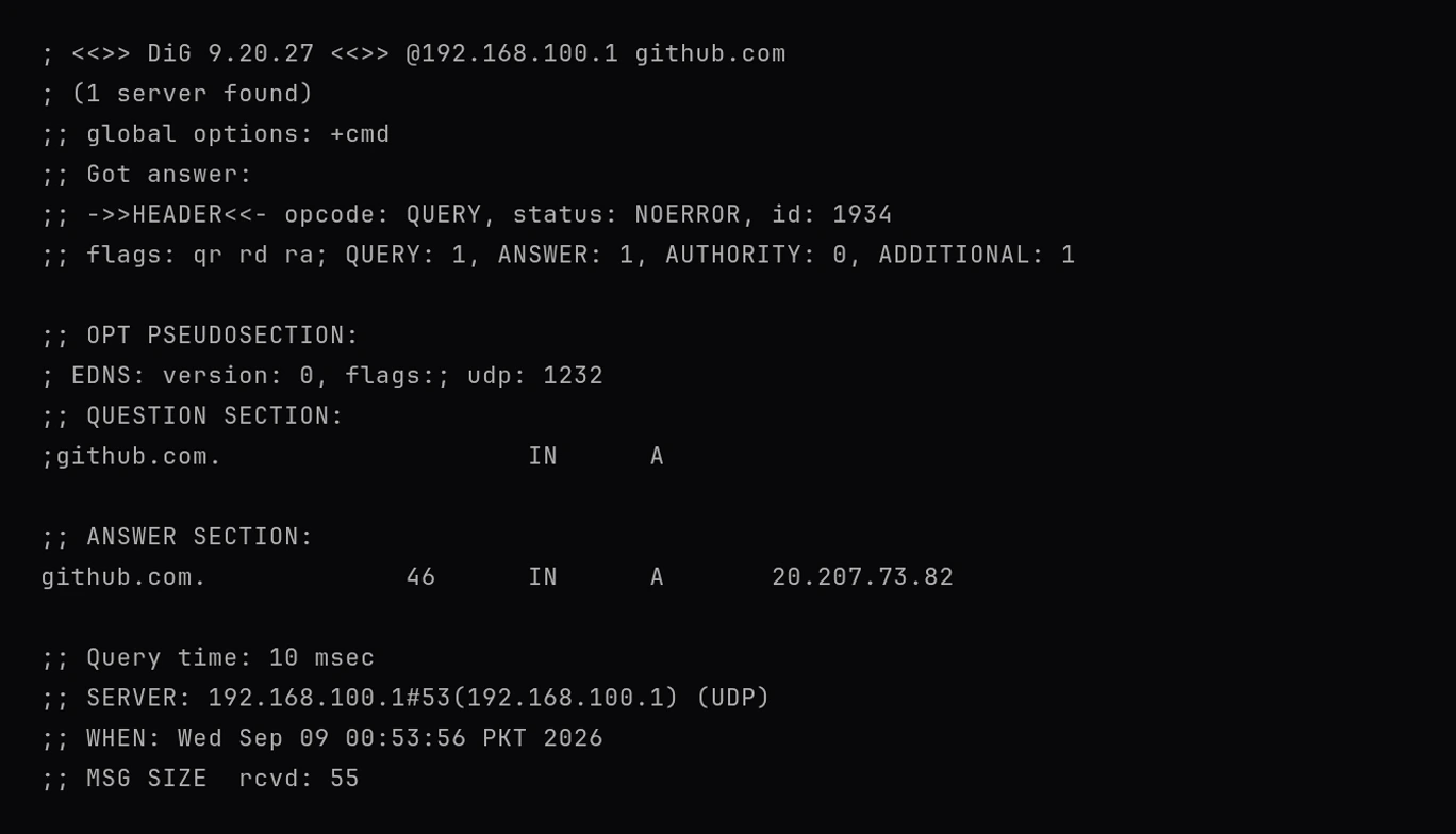 dig querying the router at 192.168.100.1 for github.com: an answer of 20.207.73.82 with a time to live of 46, and a SERVER line reading 192.168.100.1#53(192.168.100.1) (UDP)