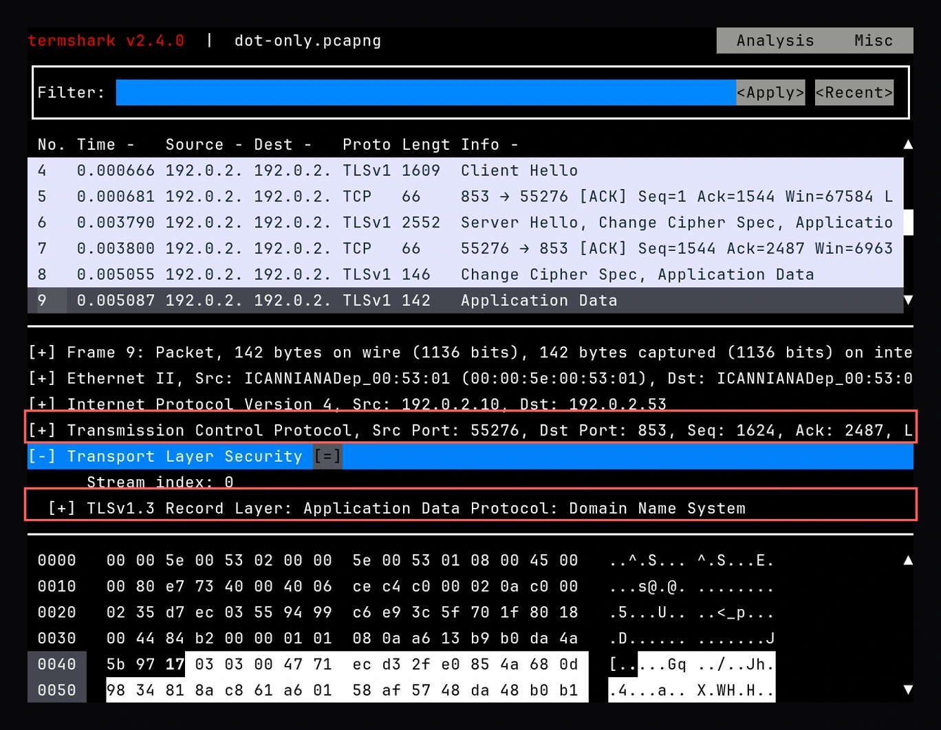 termshark showing a TLS session on port 853: a Client Hello, a Server Hello, then Application Data frames. The detail pane shows Transmission Control Protocol with destination port 853 and an expanded Transport Layer Security layer reading TLSv1.3 Record Layer: Application Data Protocol: Domain Name System, and the hex pane is unreadable ciphertext
