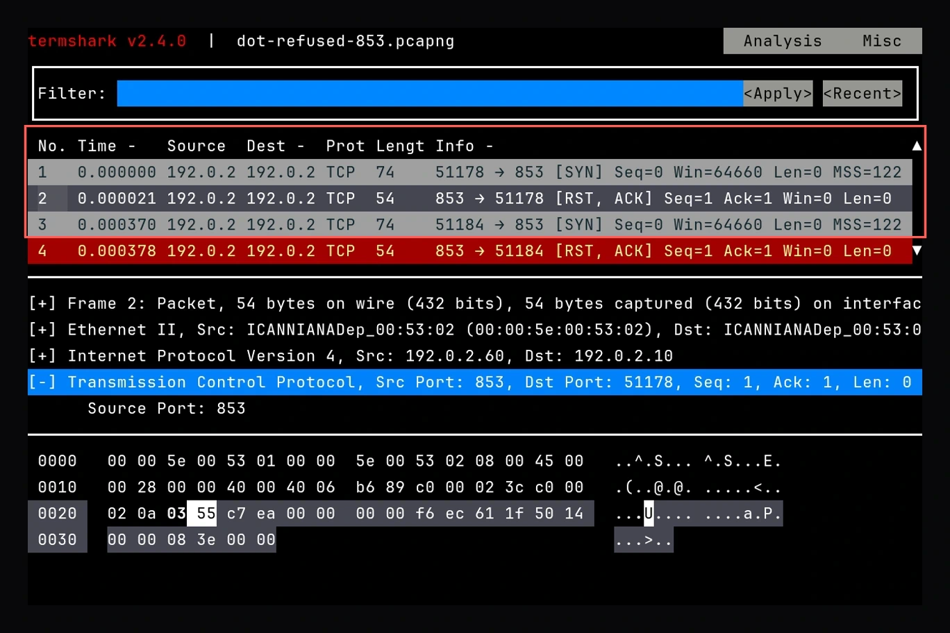 termshark showing two TCP connection attempts to 192.0.2.60 on port 853, each answered immediately with a RST, ACK, with the TCP layer of one reply expanded to show source port 853